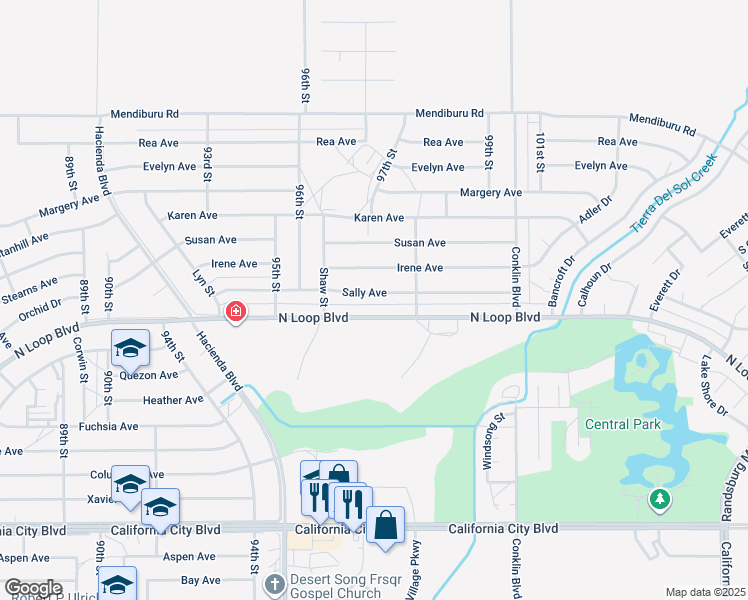 map of restaurants, bars, coffee shops, grocery stores, and more near 9709 Sally Avenue in California City