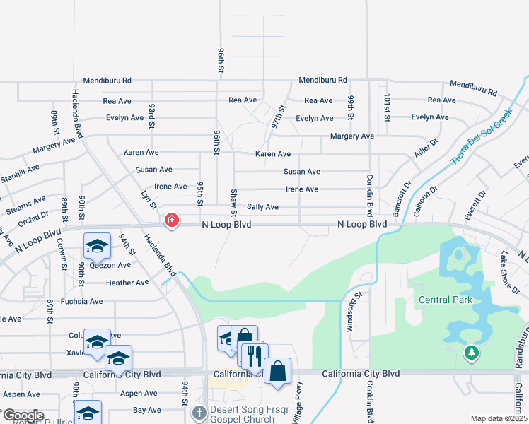 map of restaurants, bars, coffee shops, grocery stores, and more near 9625 Sally Avenue in California City