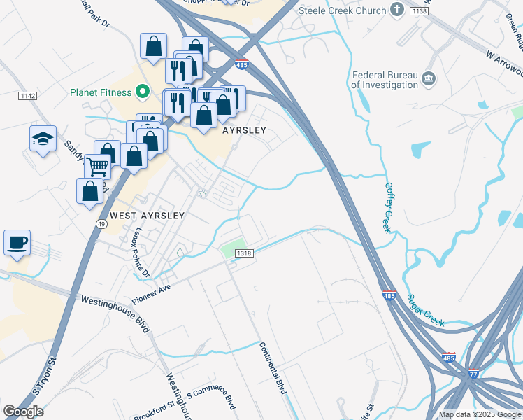 map of restaurants, bars, coffee shops, grocery stores, and more near 8916 Pioneer Avenue in Charlotte