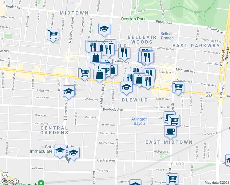 map of restaurants, bars, coffee shops, grocery stores, and more near 1895 Union Avenue in Memphis