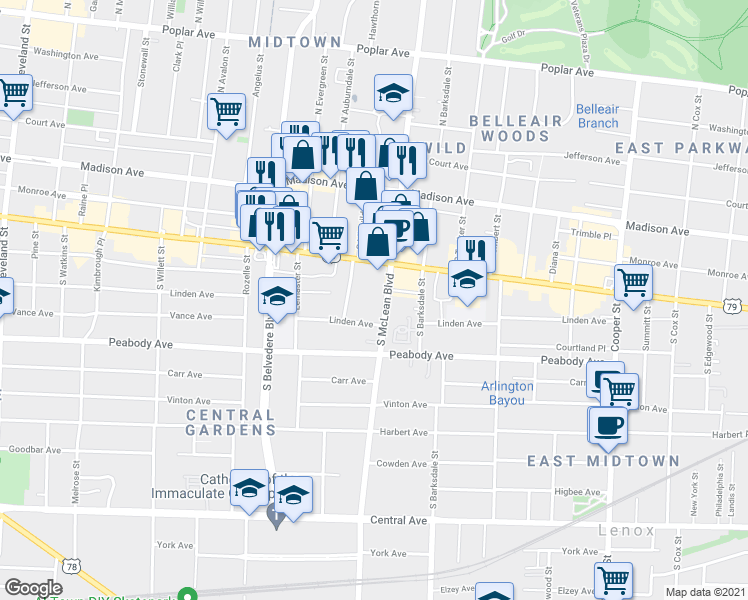 map of restaurants, bars, coffee shops, grocery stores, and more near 182 South Idlewild Street in Memphis