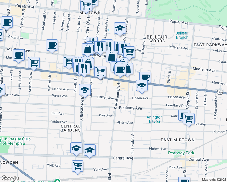 map of restaurants, bars, coffee shops, grocery stores, and more near 182 South Idlewild Street in Memphis