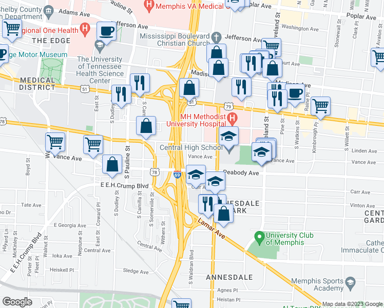 map of restaurants, bars, coffee shops, grocery stores, and more near 285 Pasadena Place in Memphis