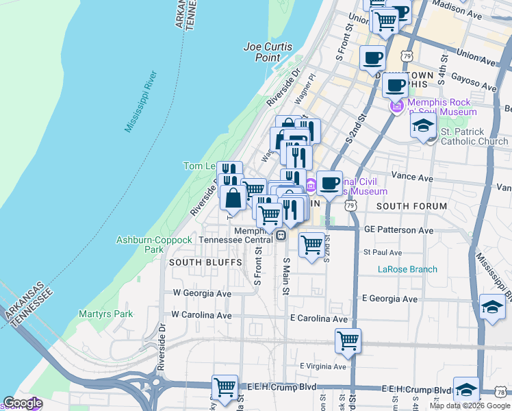 map of restaurants, bars, coffee shops, grocery stores, and more near 468 Wagner Place in Memphis