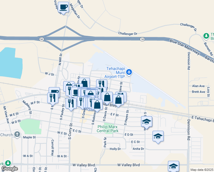 map of restaurants, bars, coffee shops, grocery stores, and more near 227 East I Street in Tehachapi