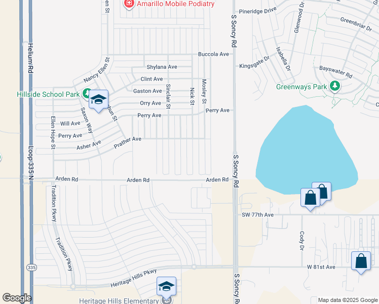 map of restaurants, bars, coffee shops, grocery stores, and more near 7302 Nick Street in Amarillo