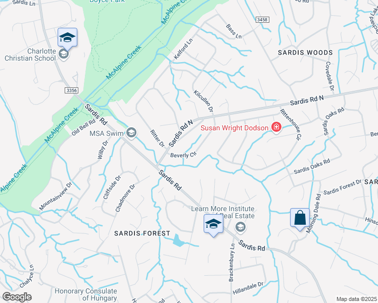 map of restaurants, bars, coffee shops, grocery stores, and more near 341 Beverly Circle in Charlotte