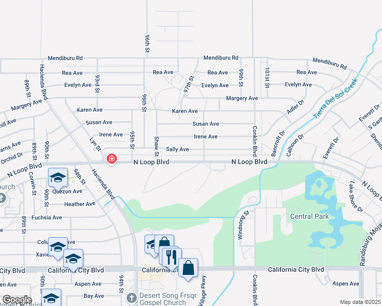 map of restaurants, bars, coffee shops, grocery stores, and more near 9724 Sally Avenue in California City