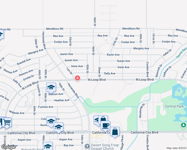 map of restaurants, bars, coffee shops, grocery stores, and more near 9524 Sally Avenue in California City