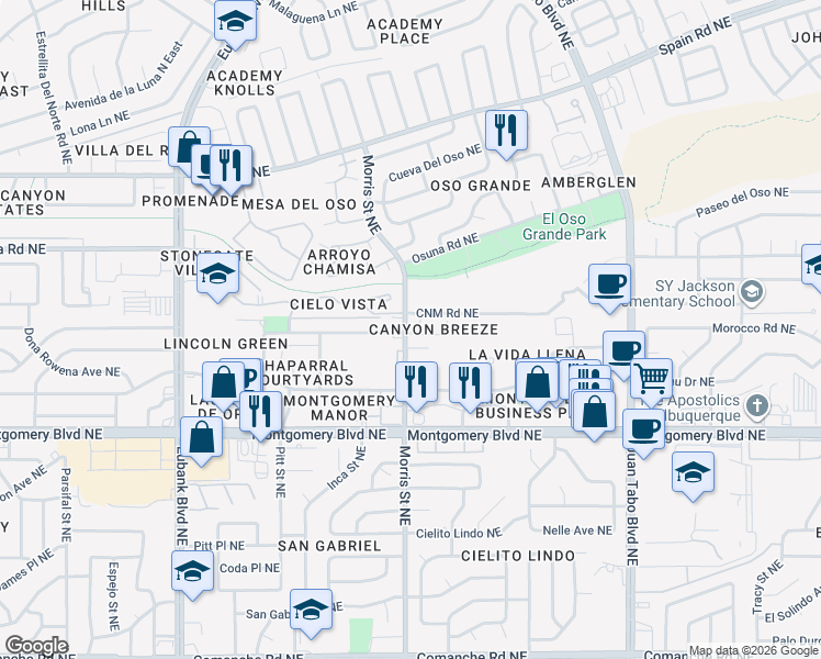map of restaurants, bars, coffee shops, grocery stores, and more near 4631 Via Macduffee Road Northeast in Albuquerque