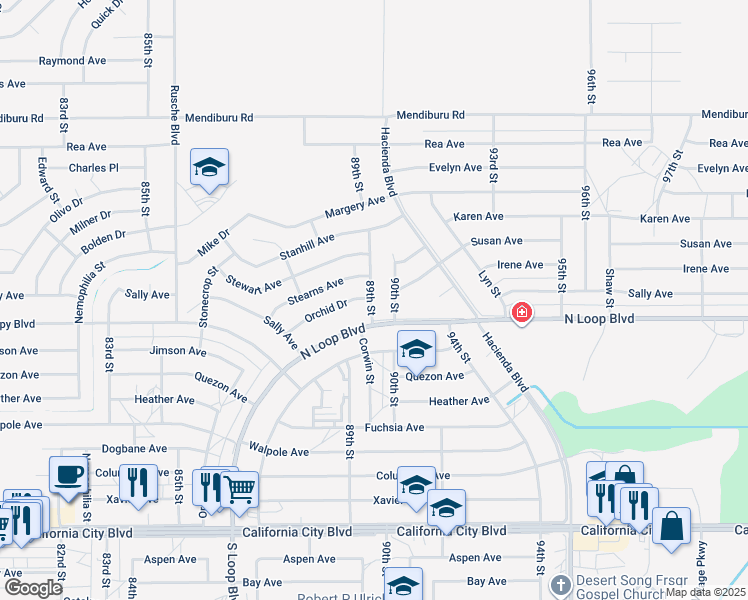 map of restaurants, bars, coffee shops, grocery stores, and more near 89th Street in California City