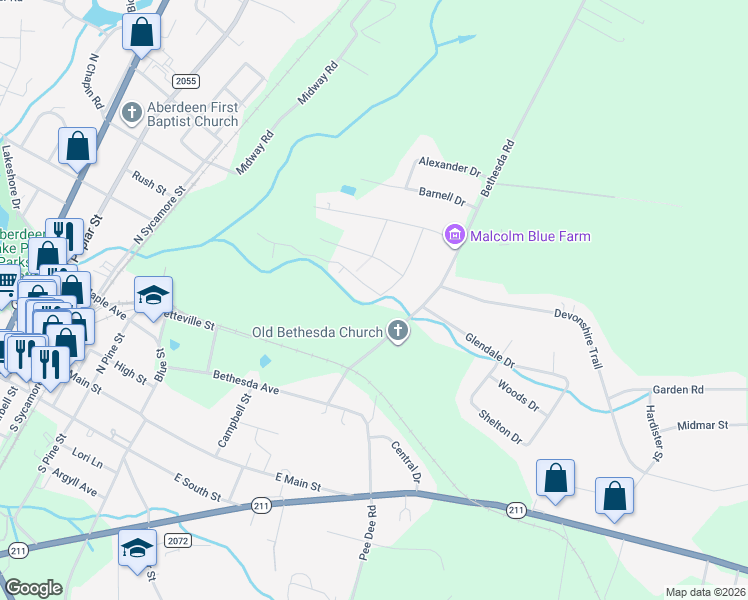 map of restaurants, bars, coffee shops, grocery stores, and more near 336 Glade Drive in Aberdeen