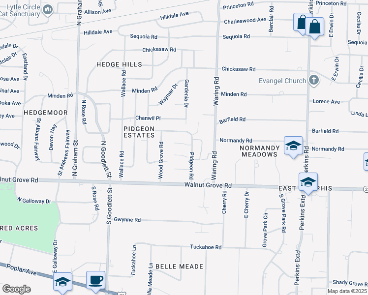 map of restaurants, bars, coffee shops, grocery stores, and more near 4292 Hathaway Lane in Memphis