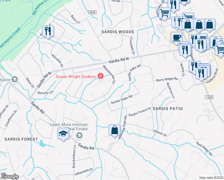 map of restaurants, bars, coffee shops, grocery stores, and more near 8736 Rittenhouse Circle in Charlotte