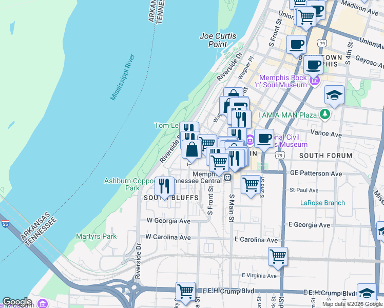 map of restaurants, bars, coffee shops, grocery stores, and more near 493 Tennessee Street in Memphis