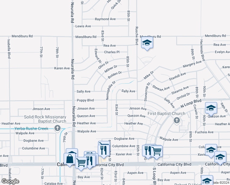 map of restaurants, bars, coffee shops, grocery stores, and more near 83rd Street in California City