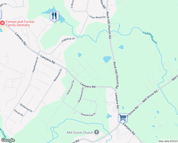 map of restaurants, bars, coffee shops, grocery stores, and more near 2015 Westminster Lane in Matthews