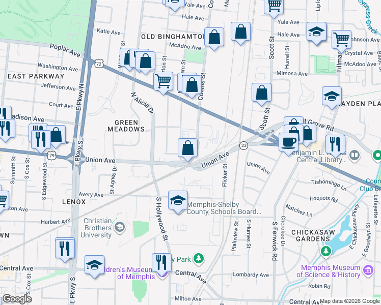 map of restaurants, bars, coffee shops, grocery stores, and more near 38 South Bingham Street in Memphis