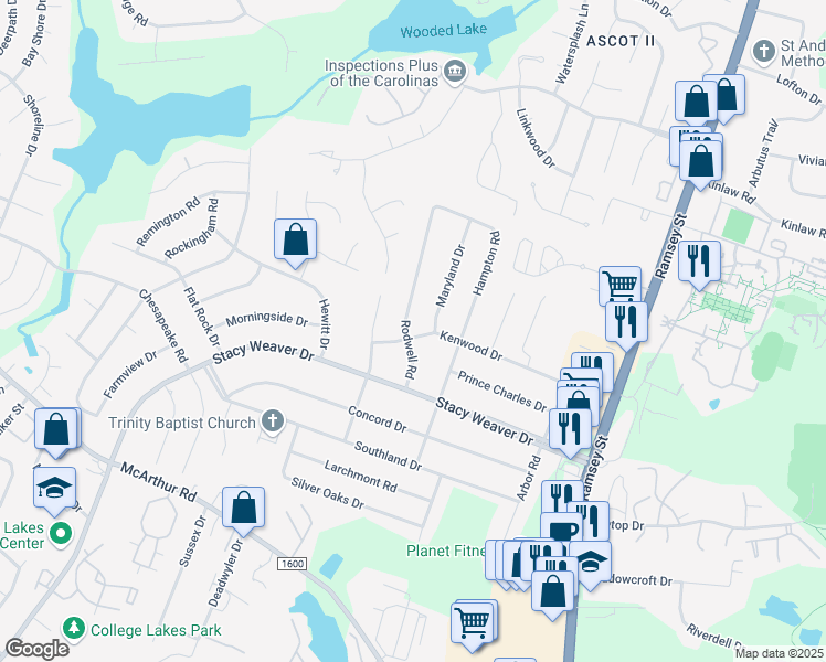map of restaurants, bars, coffee shops, grocery stores, and more near 5202 Rodwell Road in Fayetteville