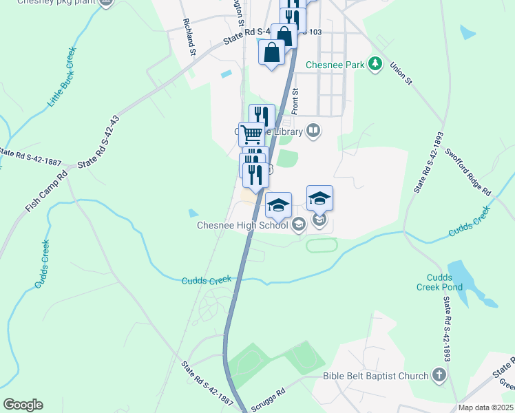 map of restaurants, bars, coffee shops, grocery stores, and more near 805 South Alabama Avenue in Chesnee