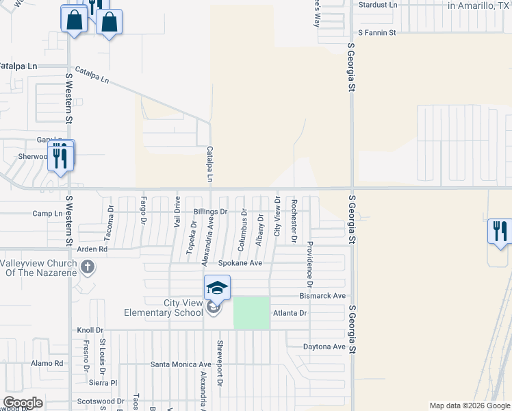 map of restaurants, bars, coffee shops, grocery stores, and more near 7301 Columbus in Amarillo
