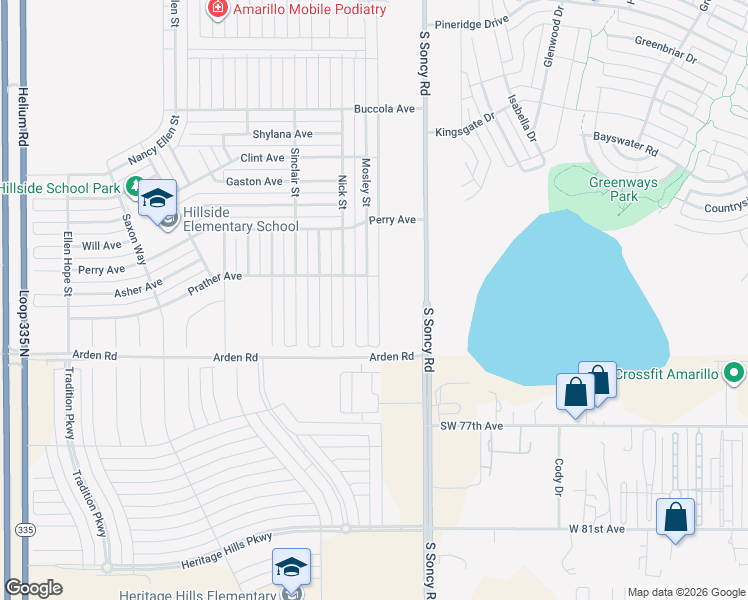 map of restaurants, bars, coffee shops, grocery stores, and more near 7205 Mosley Street in Amarillo
