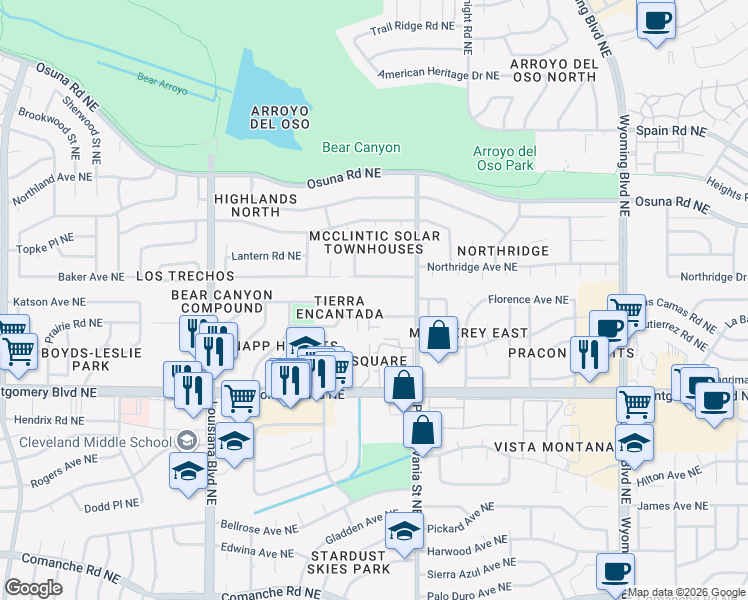 map of restaurants, bars, coffee shops, grocery stores, and more near 7440 Northridge Avenue Northeast in Albuquerque