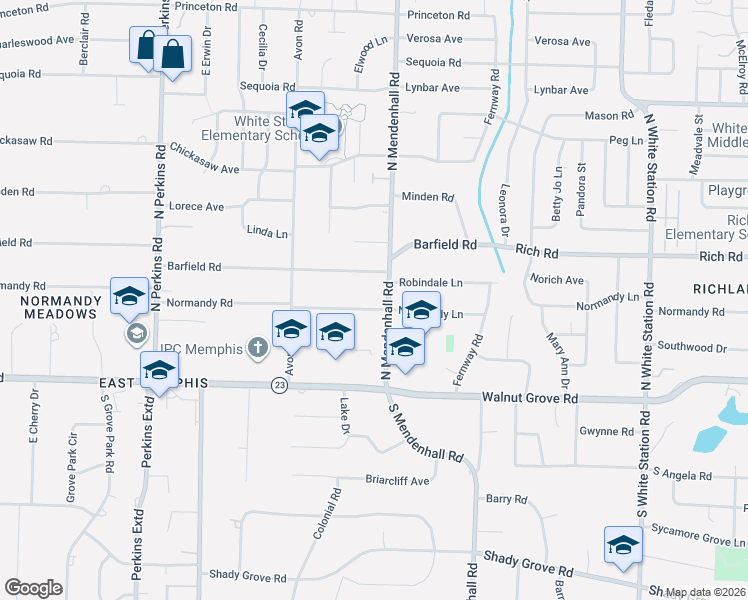 map of restaurants, bars, coffee shops, grocery stores, and more near 4867 Barfield Road in Memphis