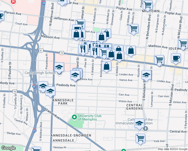 map of restaurants, bars, coffee shops, grocery stores, and more near 1438 Linden Avenue in Memphis