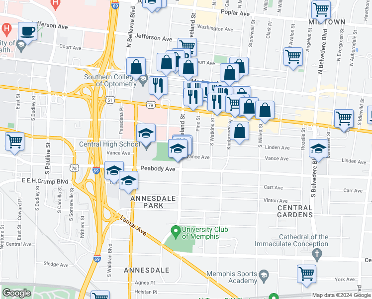 map of restaurants, bars, coffee shops, grocery stores, and more near 1358 Linden Avenue in Memphis