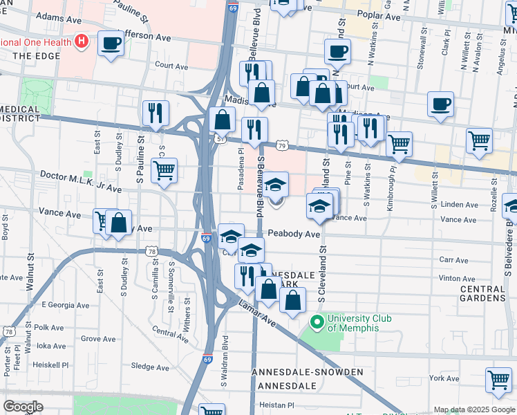 map of restaurants, bars, coffee shops, grocery stores, and more near 295 South Bellevue Boulevard in Memphis