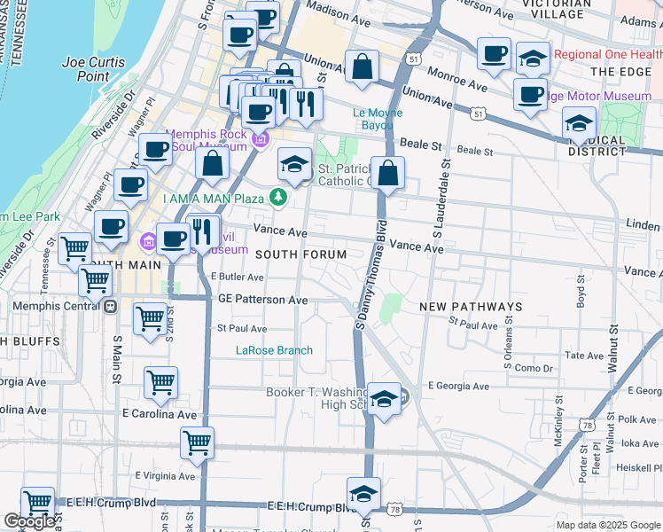 map of restaurants, bars, coffee shops, grocery stores, and more near 429 Vance Avenue in Memphis