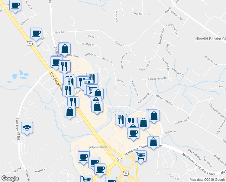 map of restaurants, bars, coffee shops, grocery stores, and more near 2430 Annecy Drive in Matthews