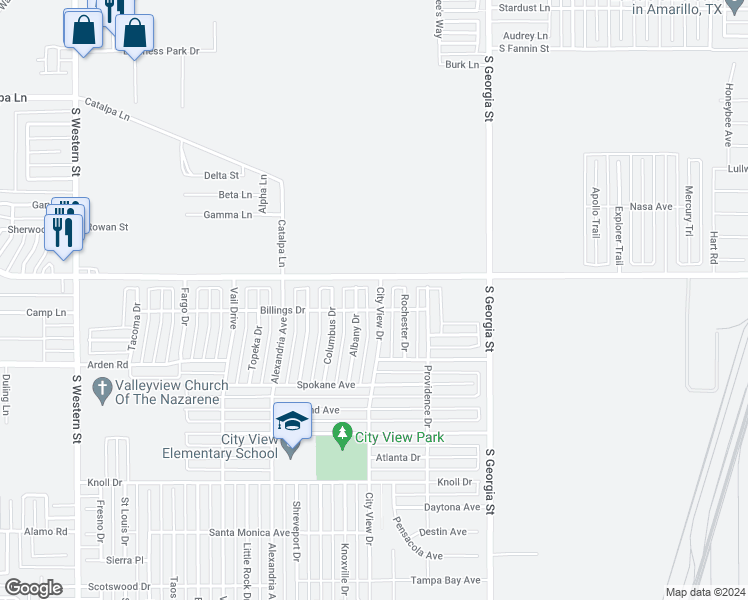 map of restaurants, bars, coffee shops, grocery stores, and more near 7306 City View Drive in Amarillo