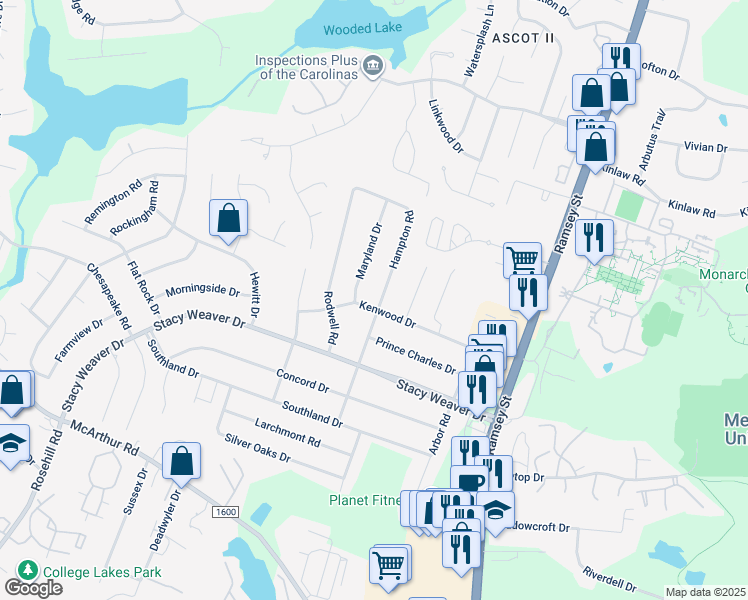 map of restaurants, bars, coffee shops, grocery stores, and more near 302 Kenwood Drive in Fayetteville