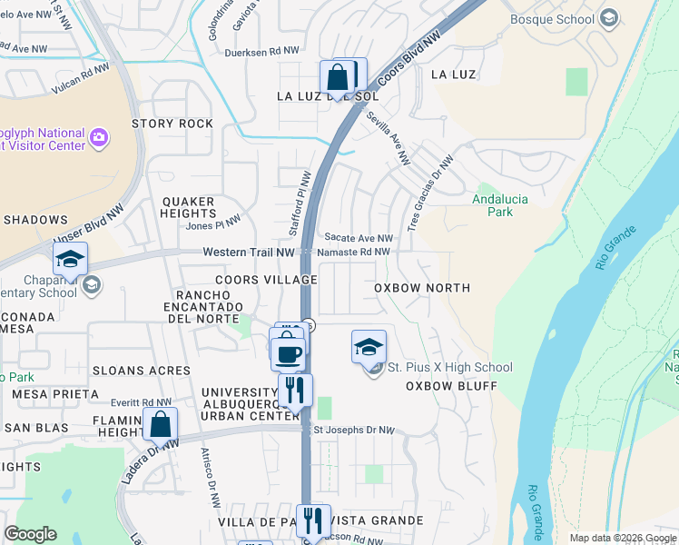 map of restaurants, bars, coffee shops, grocery stores, and more near 5223 Deer Meadow Trail Northwest in Albuquerque