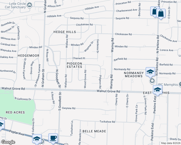 map of restaurants, bars, coffee shops, grocery stores, and more near 118 Wood Grove Road in Memphis