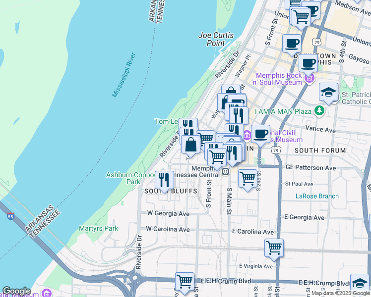 map of restaurants, bars, coffee shops, grocery stores, and more near 493 Tennessee Street in Memphis