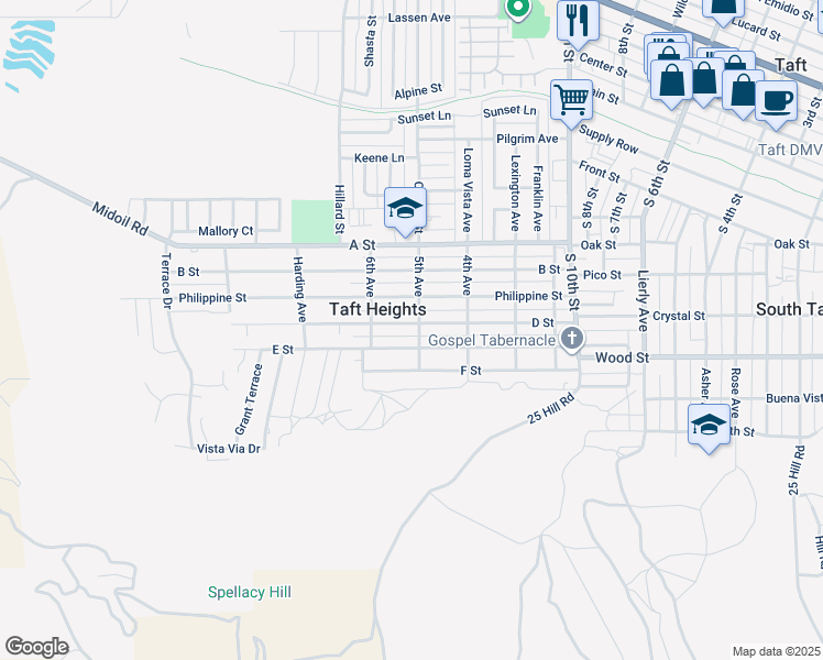 map of restaurants, bars, coffee shops, grocery stores, and more near 503 D Street in Taft