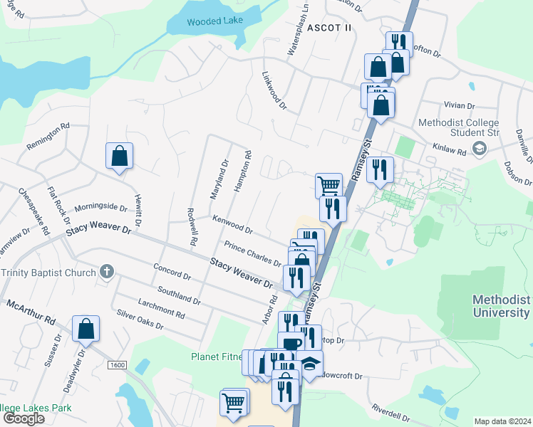 map of restaurants, bars, coffee shops, grocery stores, and more near 3044 Candlelight Drive in Fayetteville