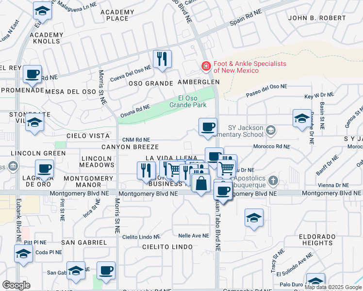 map of restaurants, bars, coffee shops, grocery stores, and more near 10801 Lagrima De Oro Road Northeast in Albuquerque