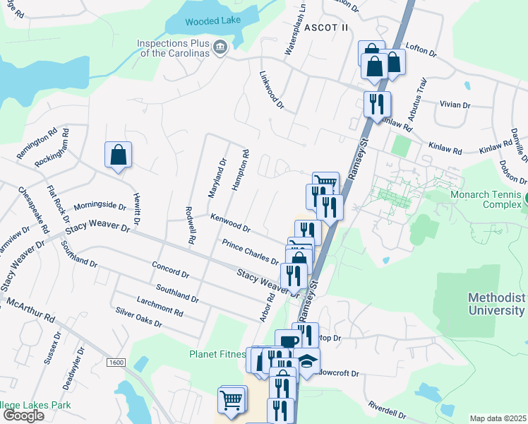 map of restaurants, bars, coffee shops, grocery stores, and more near 3044 Candlelight Drive in Fayetteville