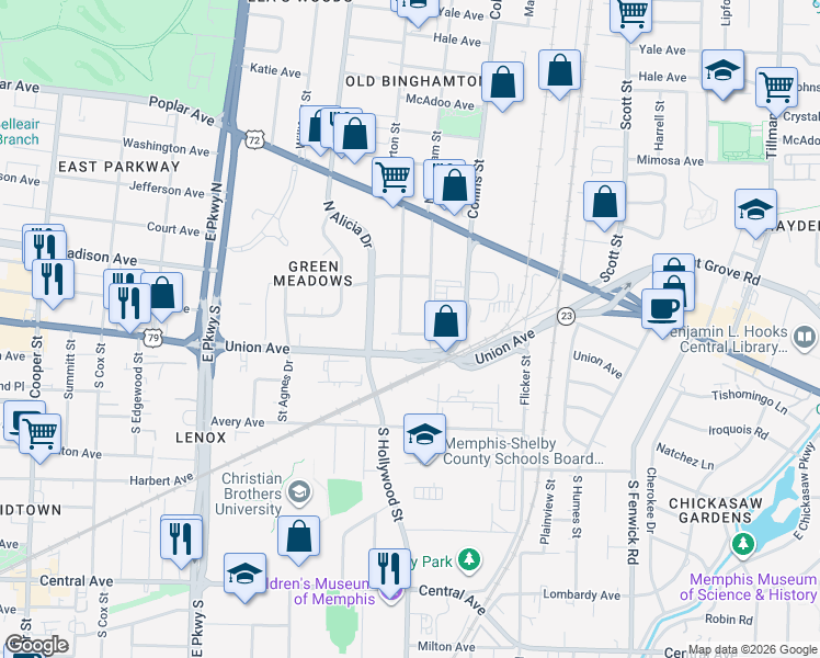 map of restaurants, bars, coffee shops, grocery stores, and more near 34 South Merton Street in Memphis
