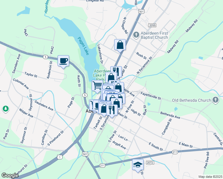map of restaurants, bars, coffee shops, grocery stores, and more near 203 North Poplar Street in Aberdeen