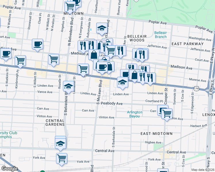 map of restaurants, bars, coffee shops, grocery stores, and more near 1895 Union Avenue in Memphis