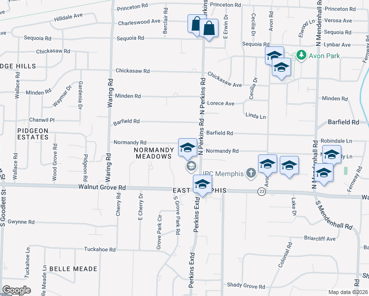 map of restaurants, bars, coffee shops, grocery stores, and more near 4554 Normandy Road in Memphis