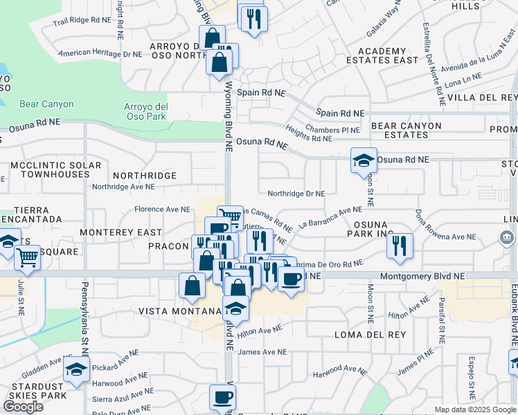 map of restaurants, bars, coffee shops, grocery stores, and more near 4801 General Bradley Street Northeast in Albuquerque