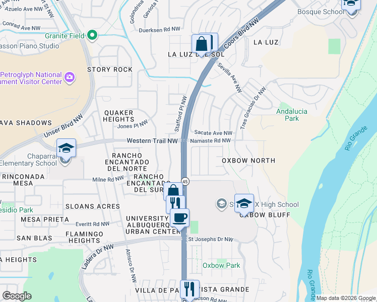 map of restaurants, bars, coffee shops, grocery stores, and more near 5323 Deer Meadow Trail Northwest in Albuquerque