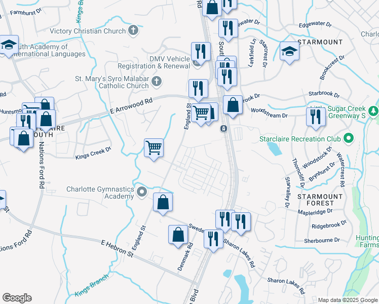 map of restaurants, bars, coffee shops, grocery stores, and more near 7716 England Street in Charlotte