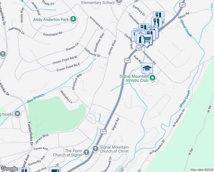 map of restaurants, bars, coffee shops, grocery stores, and more near 1124 James Boulevard in Signal Mountain